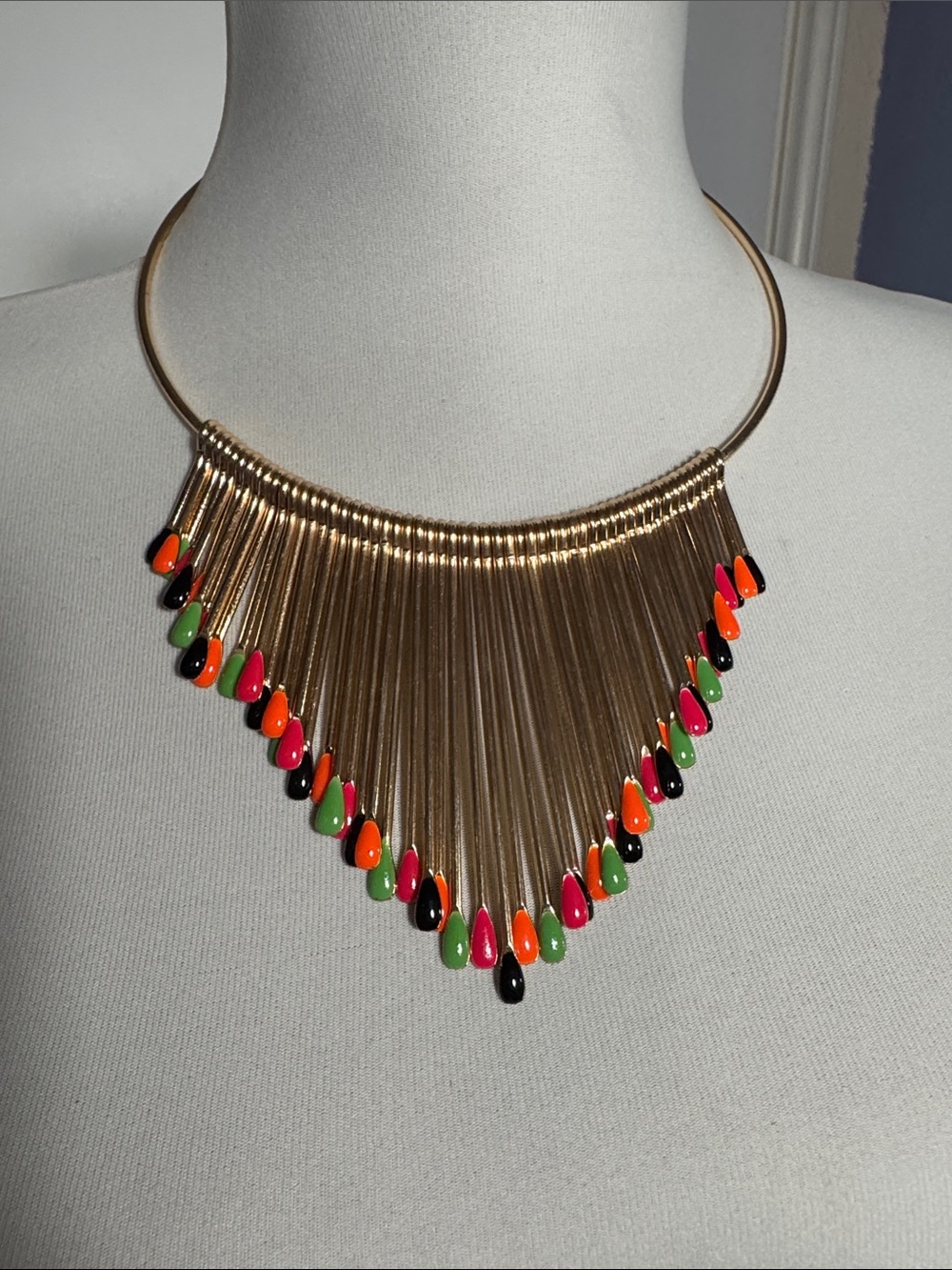 Gold Multi-Color Teardrop Fringe Statement Necklace